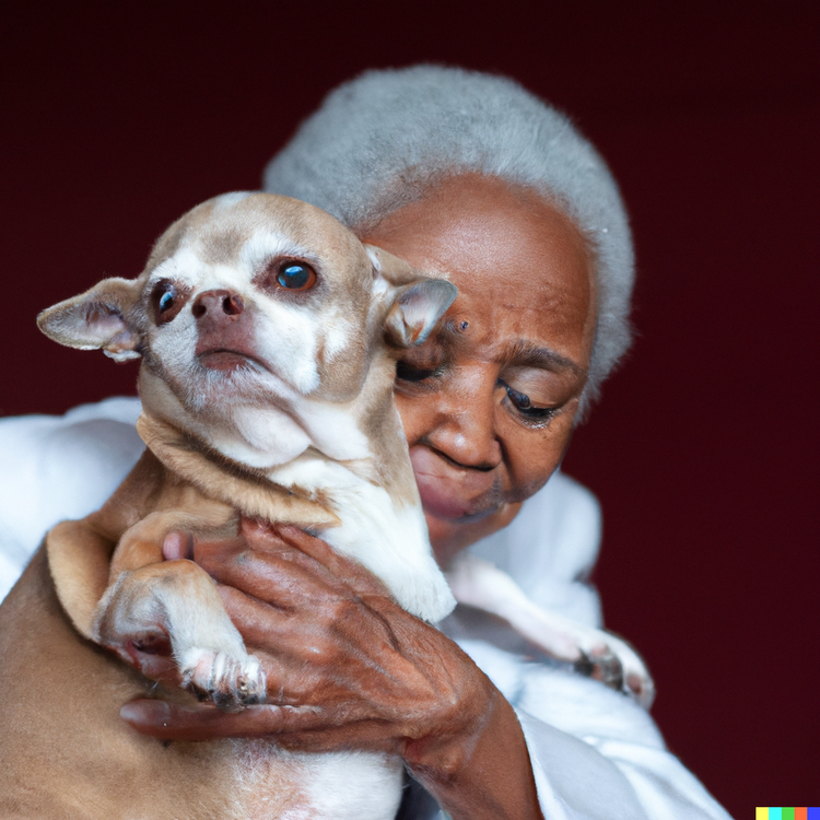 chihuahua gets a hug by an old lady