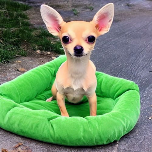 deer head fawn chihuahua on green dog bed
