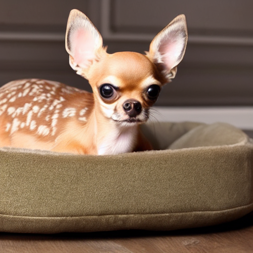 scared fawn chihuahua in dog bed