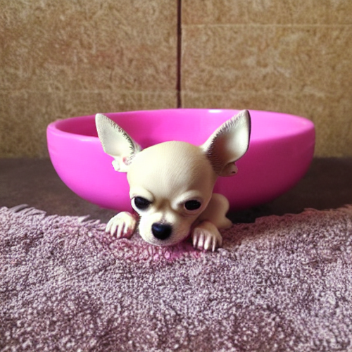 Chihuahua puppy eating from pink ceramic dog bowl