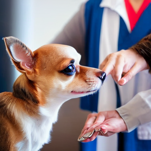 woman and male veterinarian checking brown and white chihuahua