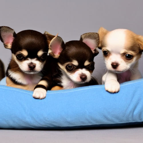 3 little chihuahua puppies on white dog bed