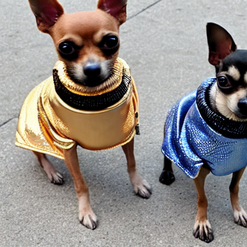 2 chihuahua dogs wearing metallic coats with hoods