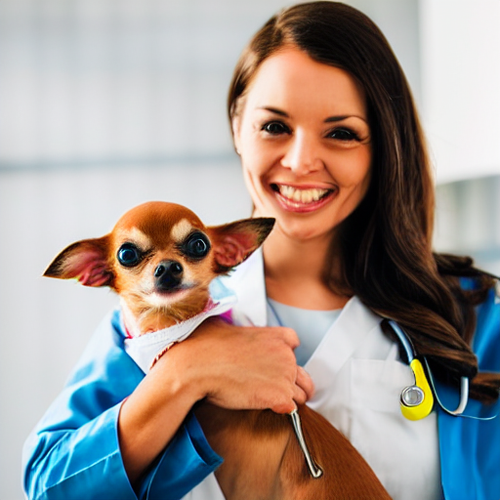 smiling female veterinarian holding chihuahua dog