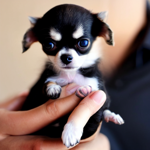 hand holding tiny black and white chihuahua puppy