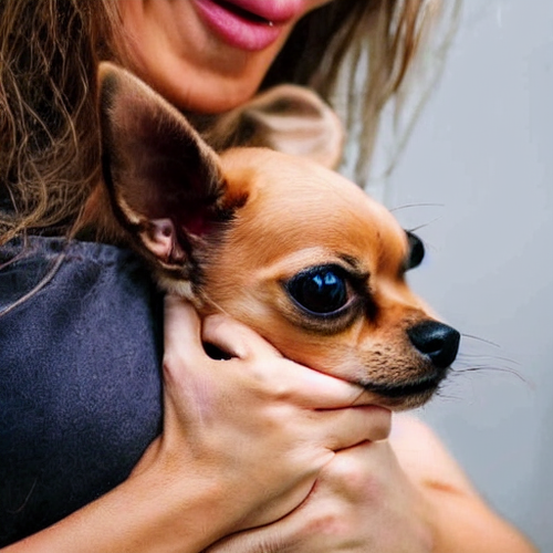 woman holding fawn chihuahua close to her face