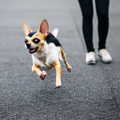 black, white and tan chihuahua running away from woman kneeling down in background