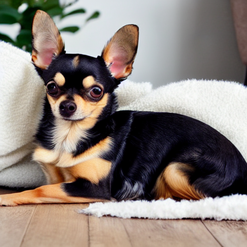 black and tan chihuahua laying on white blanket