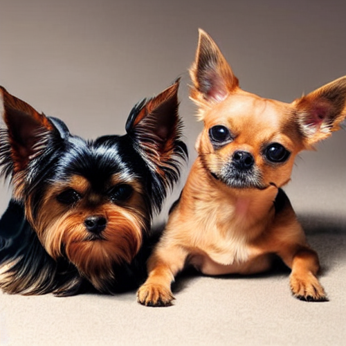 A Yorkshire terrier and chihuahua laying side by side