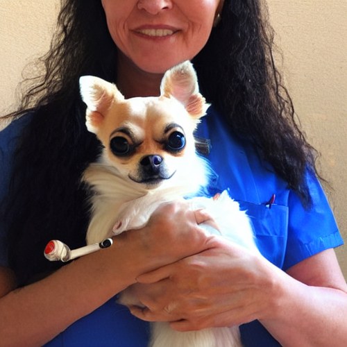 female vet holding a syringe and chihuahua dog